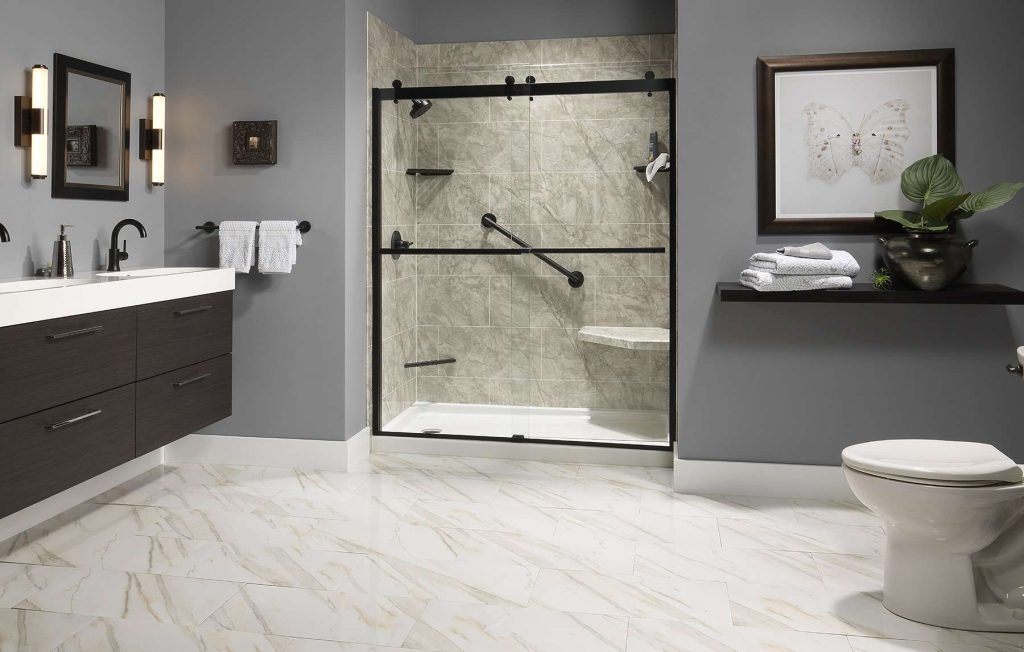 Napoli Marble Roman Block Etched Walls NM Hex Seat White Shower